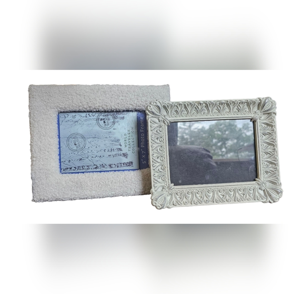Lot of 2 Sherpa Puffy Off White Frame & Elegant Ornate Shabby Chic Photo Frame